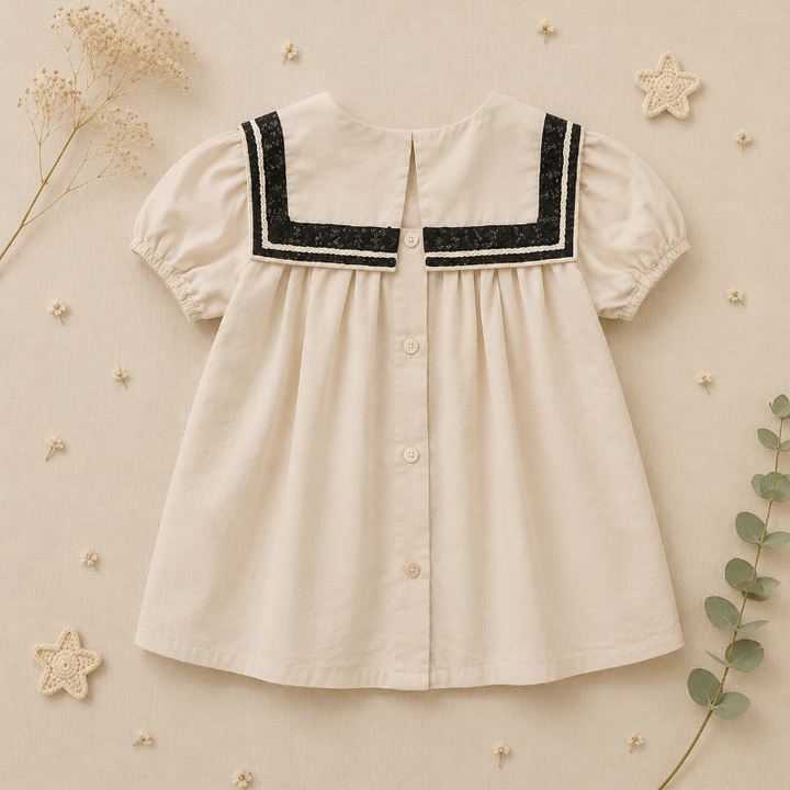 Back of a cream puff-sleeve blouse with a wide sailor collar and full-length button closure