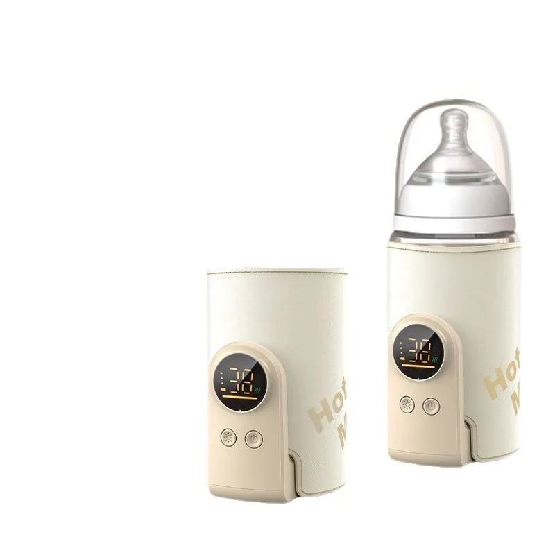 Cream-colored bottle warmer shown empty and fitted around a feeding bottle
