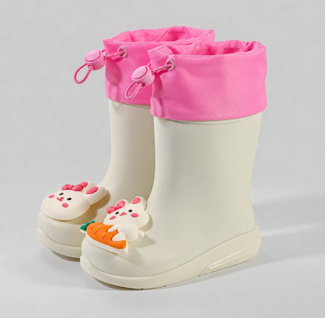 Cream rain boots with pink drawstring cuffs and bunny and carrot decorations