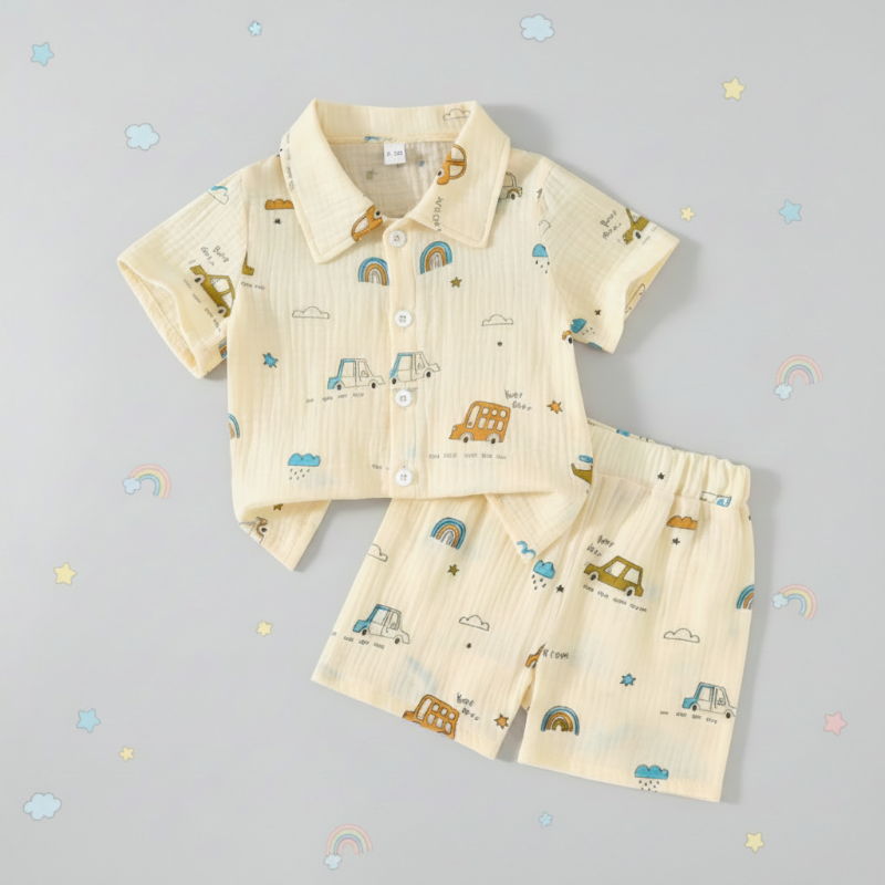 Cream car-print button-up shirt and matching shorts on a gray background