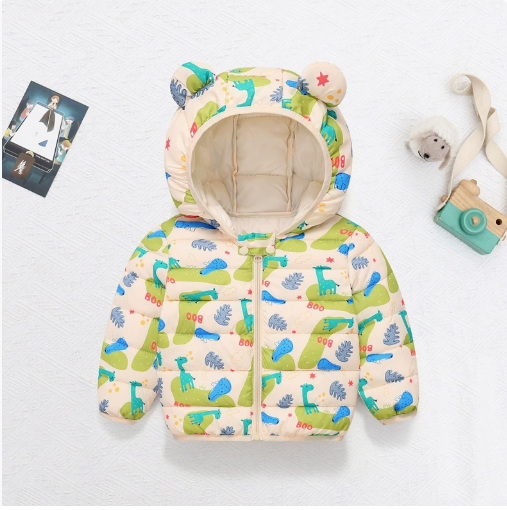Cream puffer jacket with colorful dinosaur prints and a rounded ear hood