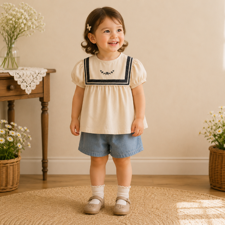 Girl wearing a cream puff-sleeve top with dark square trim and denim shorts