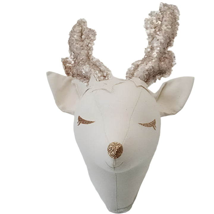 Deer head wall decoration with cream fabric, textured antlers, and a gold-colored nose