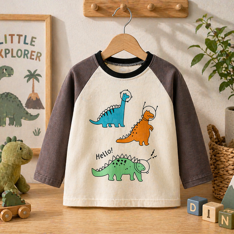 Cream raglan sweatshirt with dark sleeves and three colorful cartoon dinosaurs