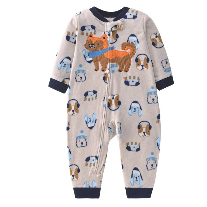 Cream dog-print fleece baby jumpsuit with a large dog chest design and navy cuffs