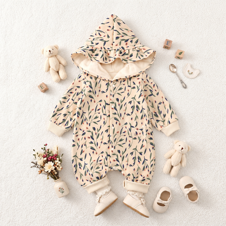 Cream floral hooded baby romper laid flat with neutral baby accessories.