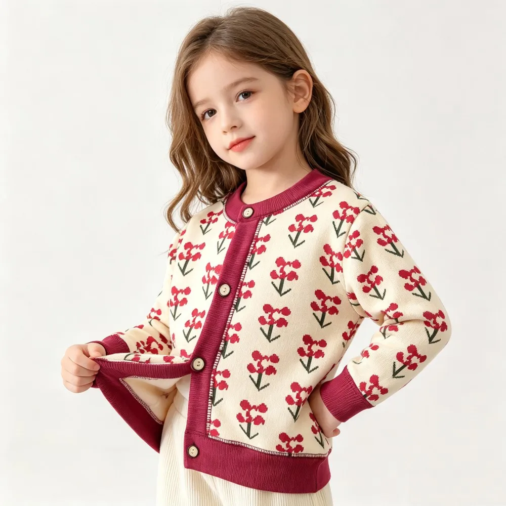 Child showing the button front of a cream floral cardigan with burgundy trim