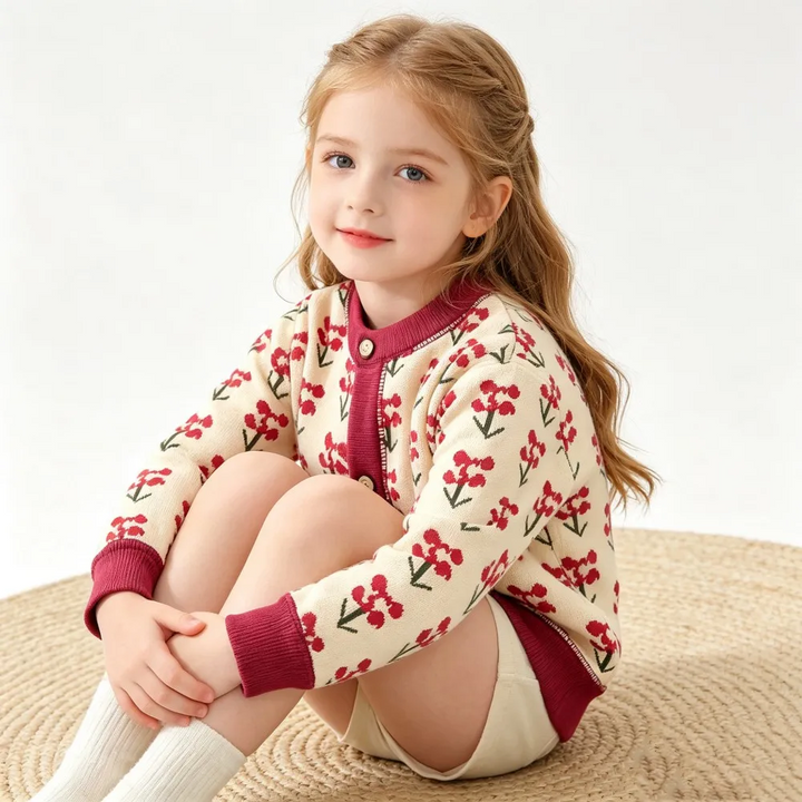 Child seated in a cream floral knit cardigan with burgundy cuffs and trim