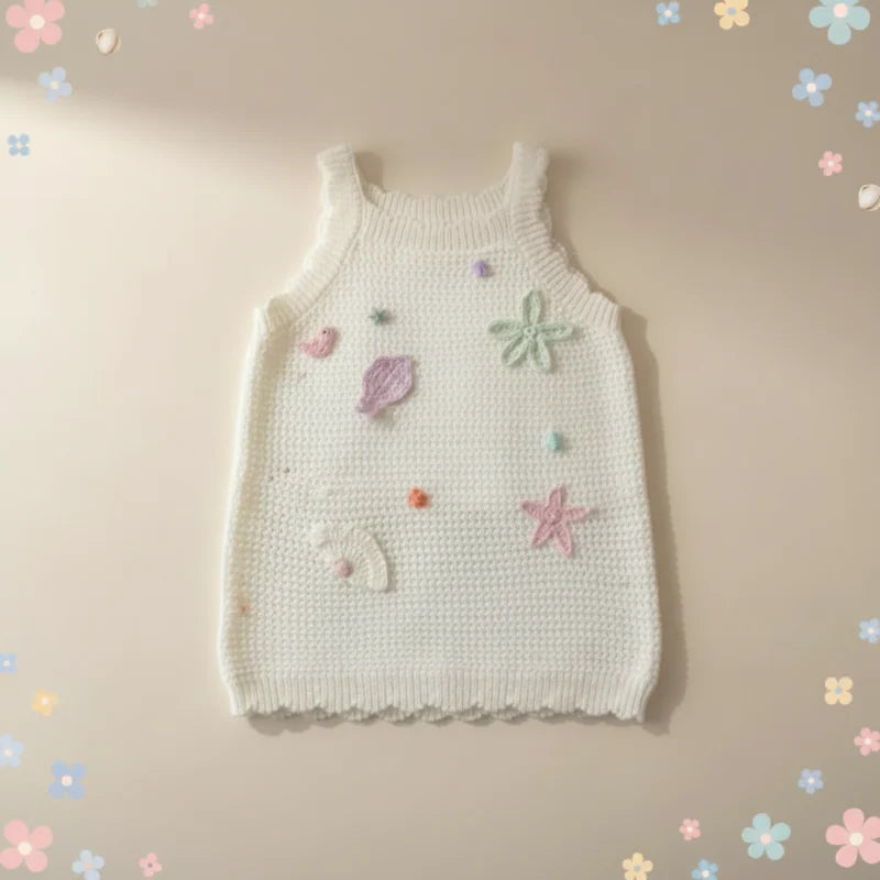 Cream sleeveless knit top with raised pastel appliqués and a round neckline