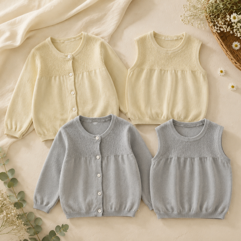 Cream and gray children's knit cardigans and sleeveless tops arranged together