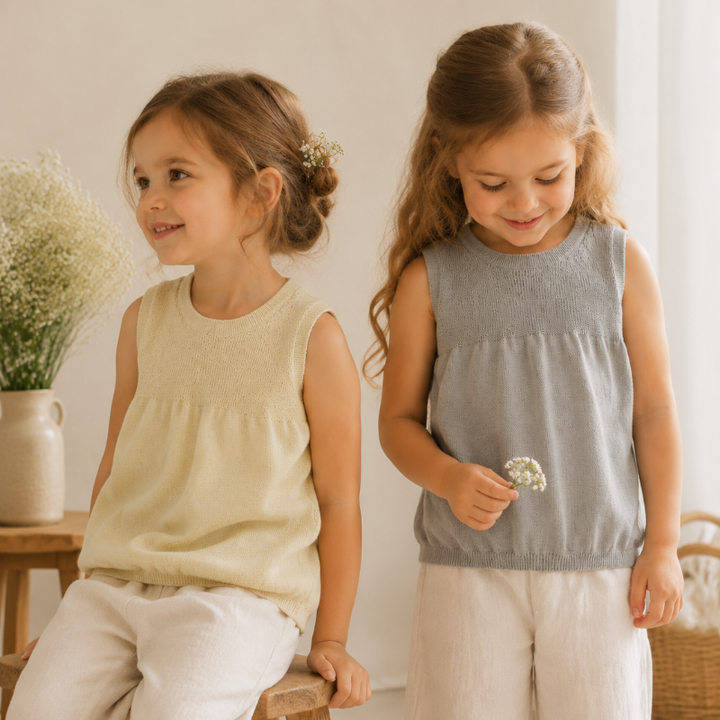 Two children wearing cream and gray sleeveless knit tops with light pants
