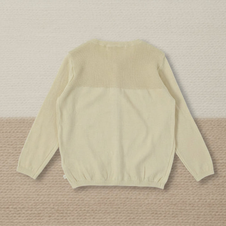 Back view of a cream long-sleeve knit cardigan with a textured upper panel