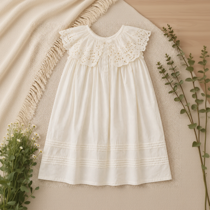 Cream lace-collar dress laid on neutral fabric beside greenery