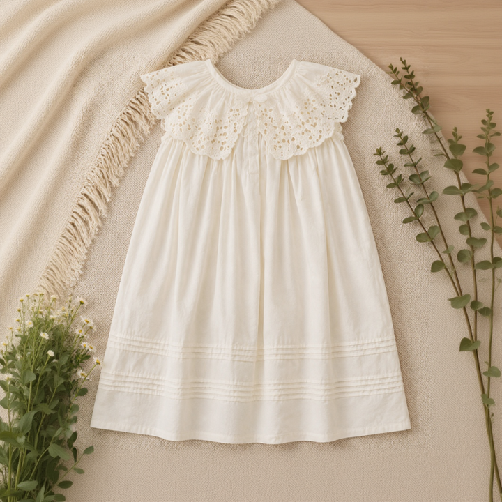 Cream lace-collar dress laid on neutral fabric beside greenery