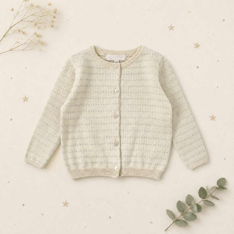 Cream long-sleeve pointelle cardigan with ribbed edges and a button closure