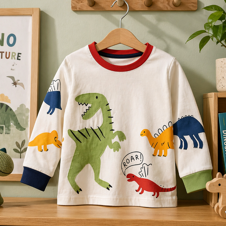 Cream dinosaur sweatshirt with a red neckline, blue cuffs, and multicolored dinosaur prints