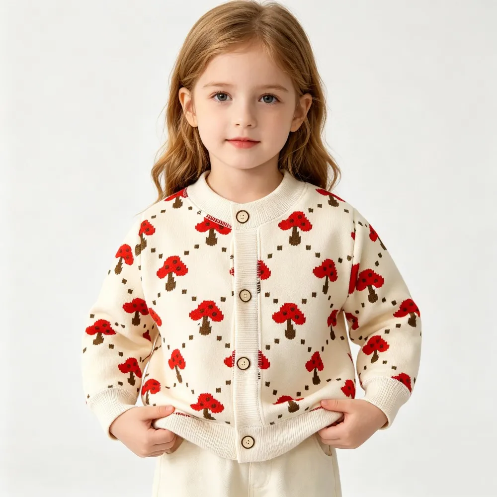 Front view of a cream mushroom-pattern cardigan with round buttons and ribbed trim