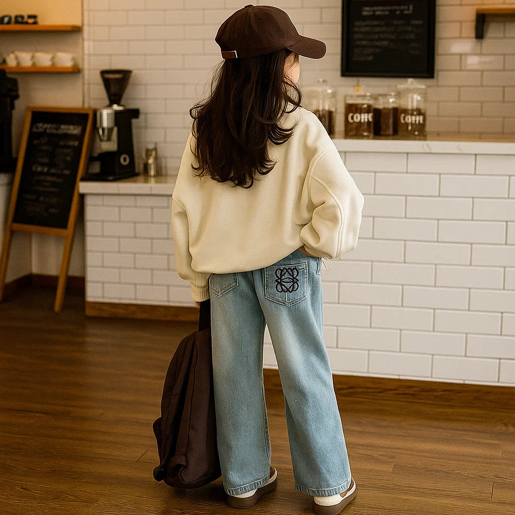 Back view of a girl wearing the cream long-sleeve polo with wide-leg jeans