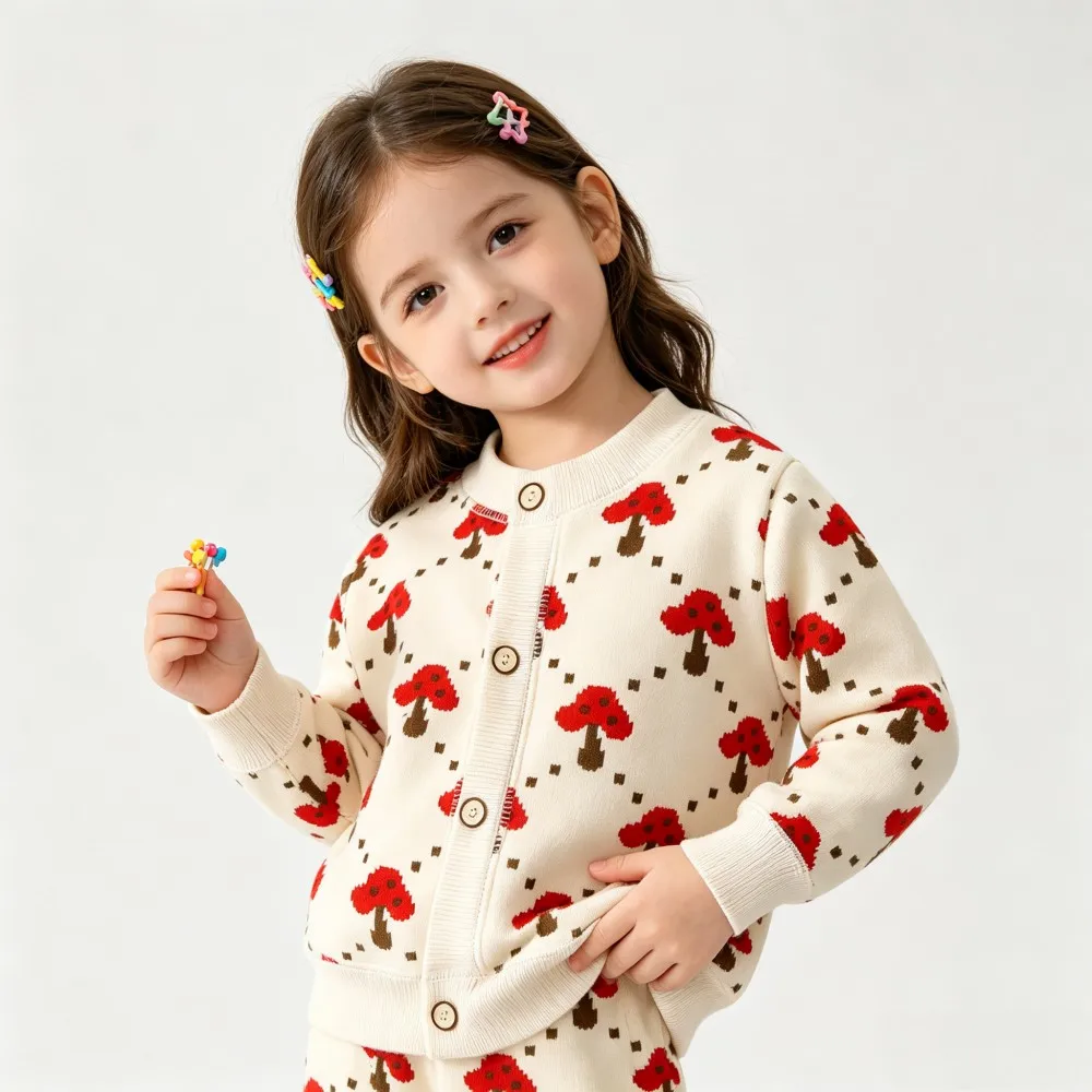 Cream button-front cardigan with red mushroom motifs, shown on a child