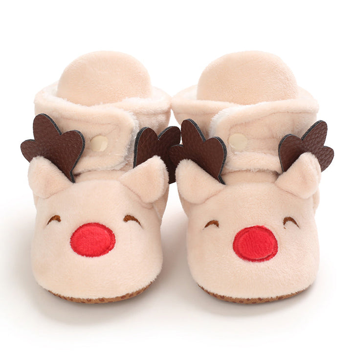 Cream baby slippers with reindeer faces, brown antlers and red noses