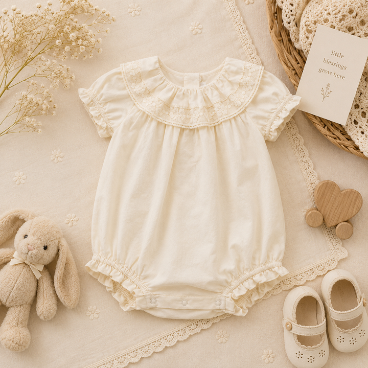 Cream baby romper with a wide lace-trimmed collar, ruffled sleeves, and gathered leg openings.