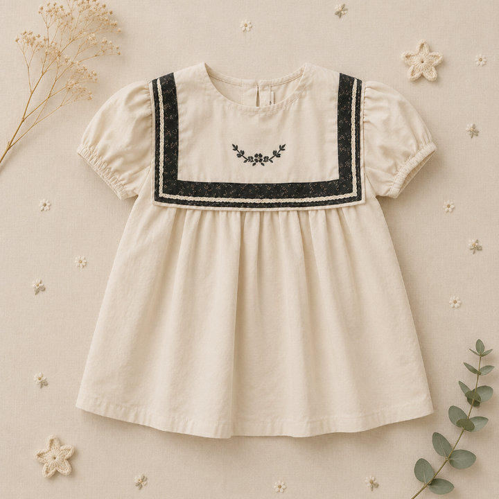 Front of a cream sailor blouse with black double trim, floral embroidery, and short puff sleeves