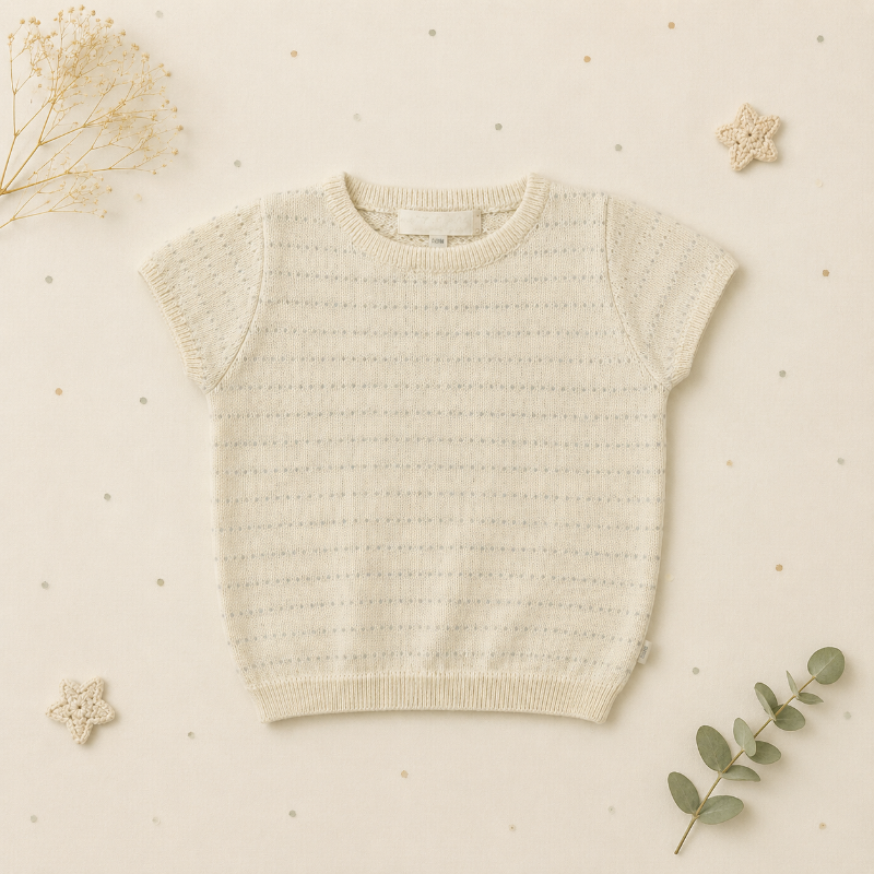 Cream short-sleeve pointelle knit top with ribbed neckline, sleeve edges, and hem