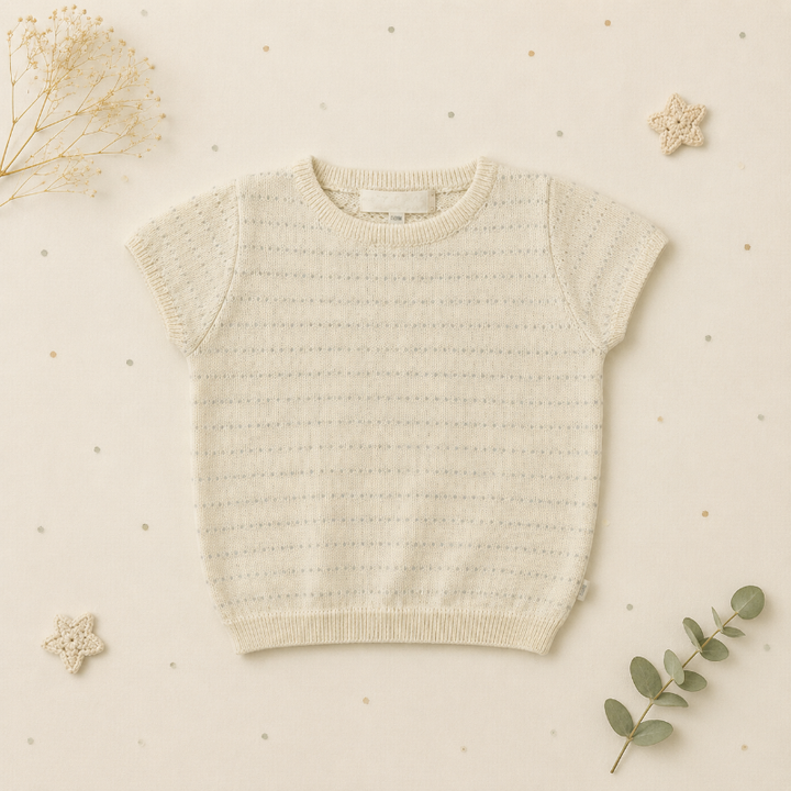 Cream short-sleeve pointelle knit top with ribbed neckline, sleeve edges, and hem