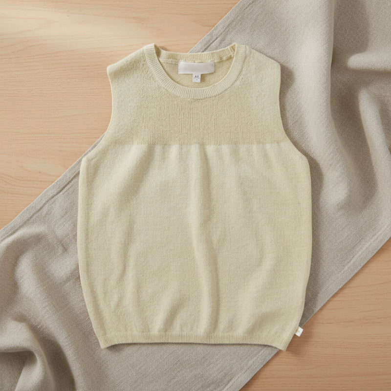 Cream sleeveless knit top with a round neckline and gently gathered body