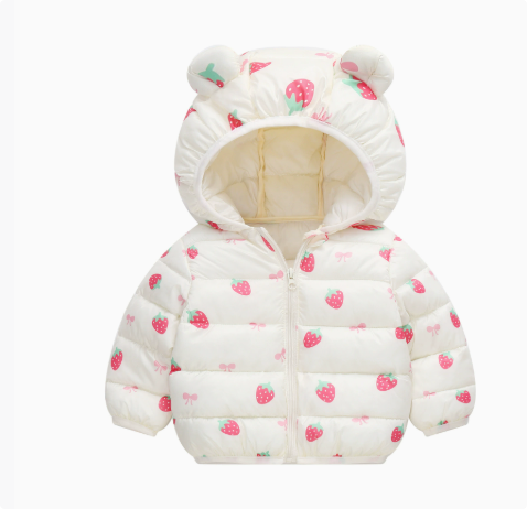 Cream strawberry-print quilted jacket with a front zipper and bear-ear hood