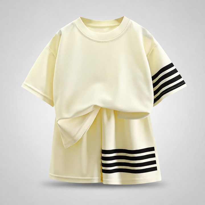 Cream crew-neck T-shirt and matching shorts with contrasting black stripes.