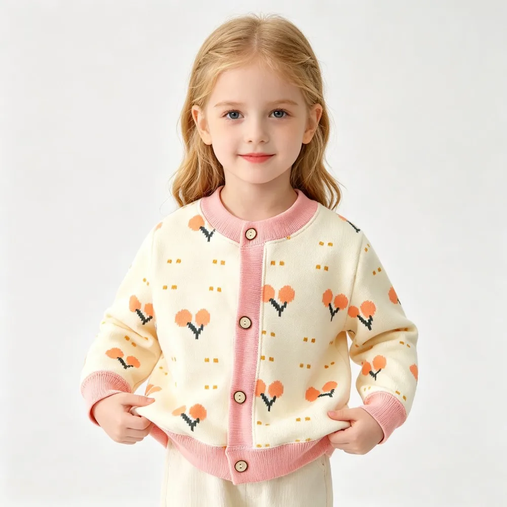 Front view of a cream tulip-pattern cardigan with pink trim and round buttons