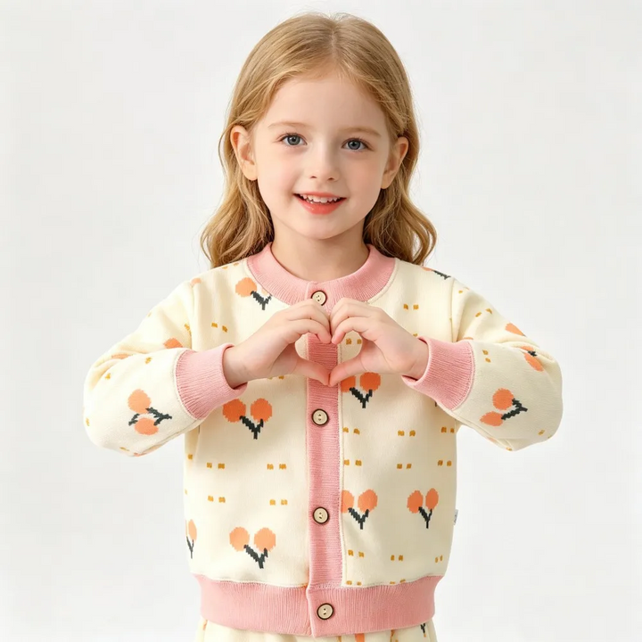 Child wearing a cream tulip-pattern cardigan with pink ribbed cuffs and trim