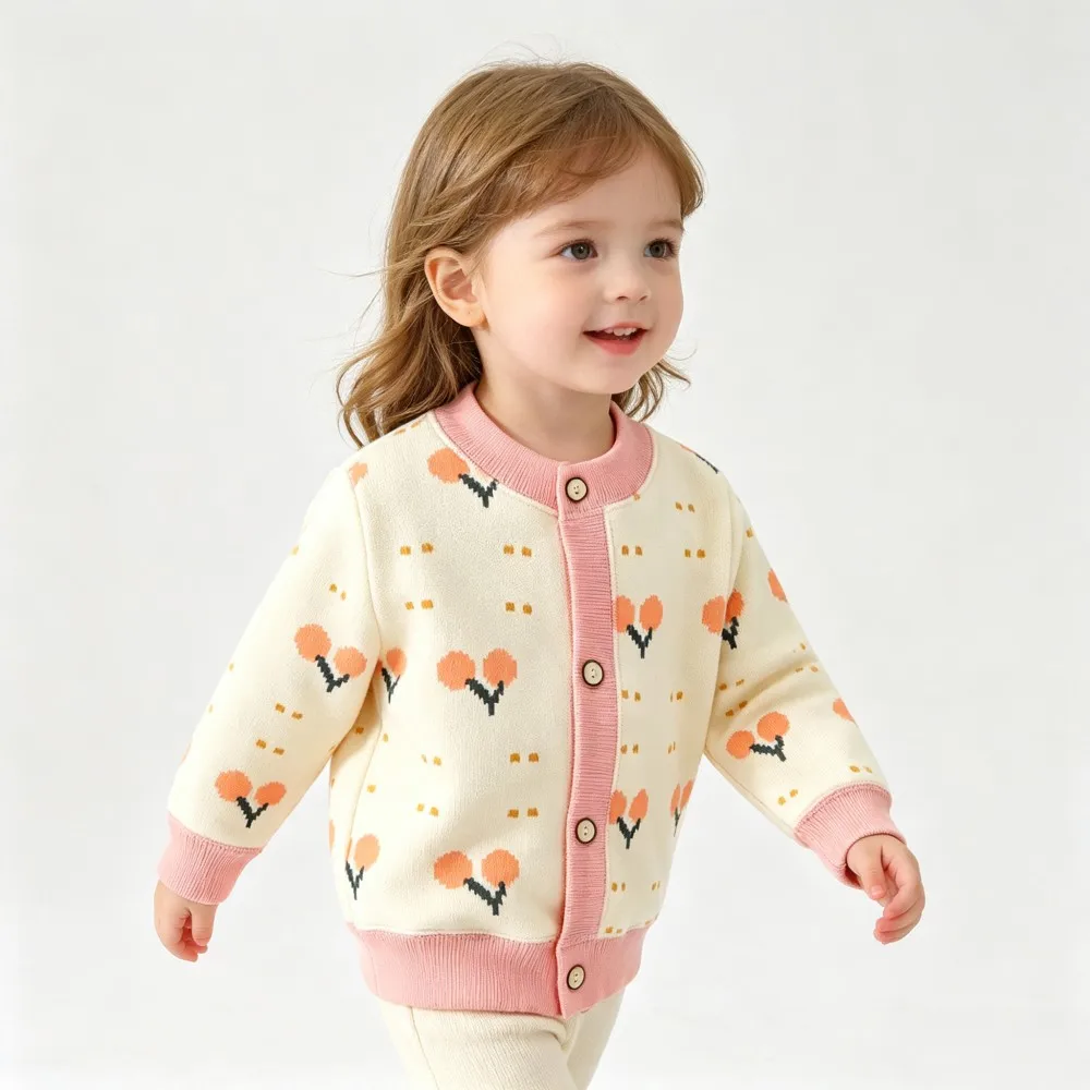 Side-front view of a cream tulip cardigan with a pink button placket