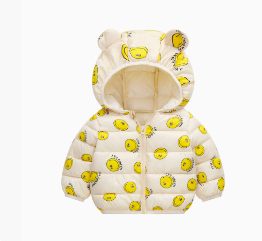 Cream quilted hooded jacket with yellow smiley-face prints and rounded ears