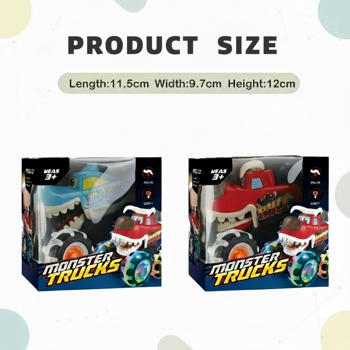 Size chart listing 11.5 cm length, 9.7 cm width, and 12 cm height above two boxed monster trucks