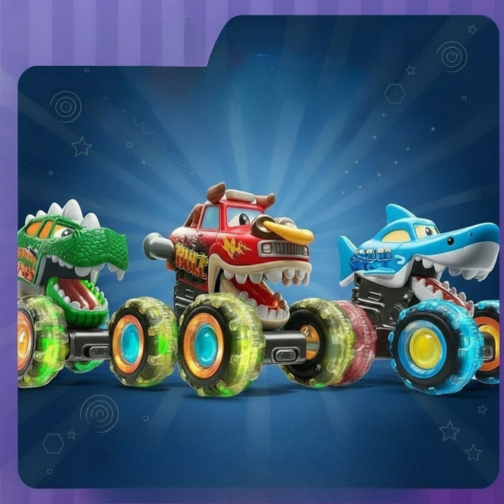 Dinosaur and shark monster trucks with oversized light-up wheels on a blue background