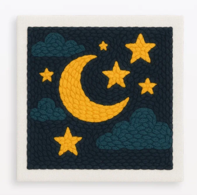 Yellow crescent moon and star embroidery with teal clouds on a dark background.