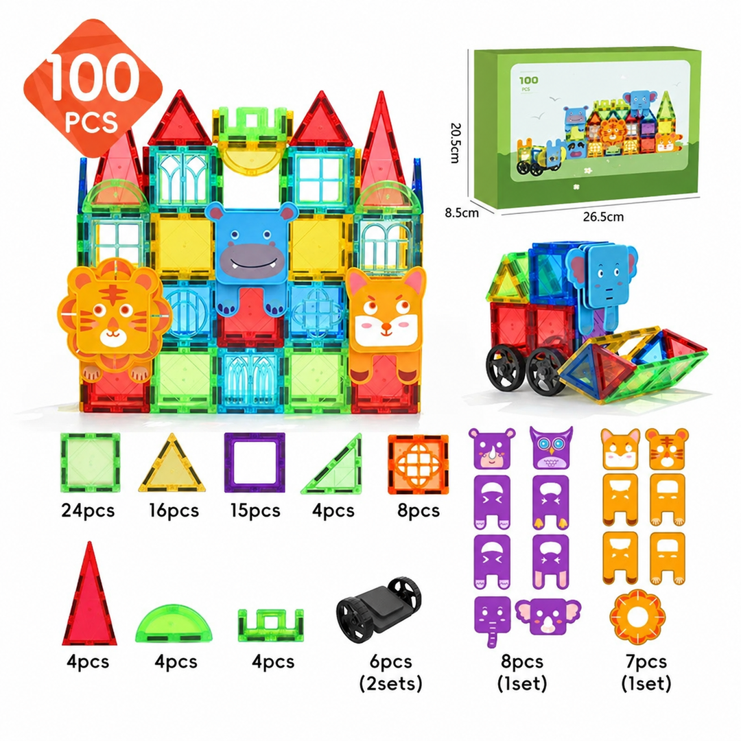 100-piece magnetic tile set with animal parts, wheels, a castle build, and packaging.