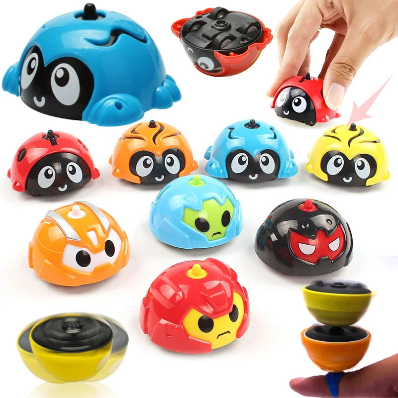 Colorful animal toy cars with a hand demonstrating play and upside-down cars shown as spinning tops