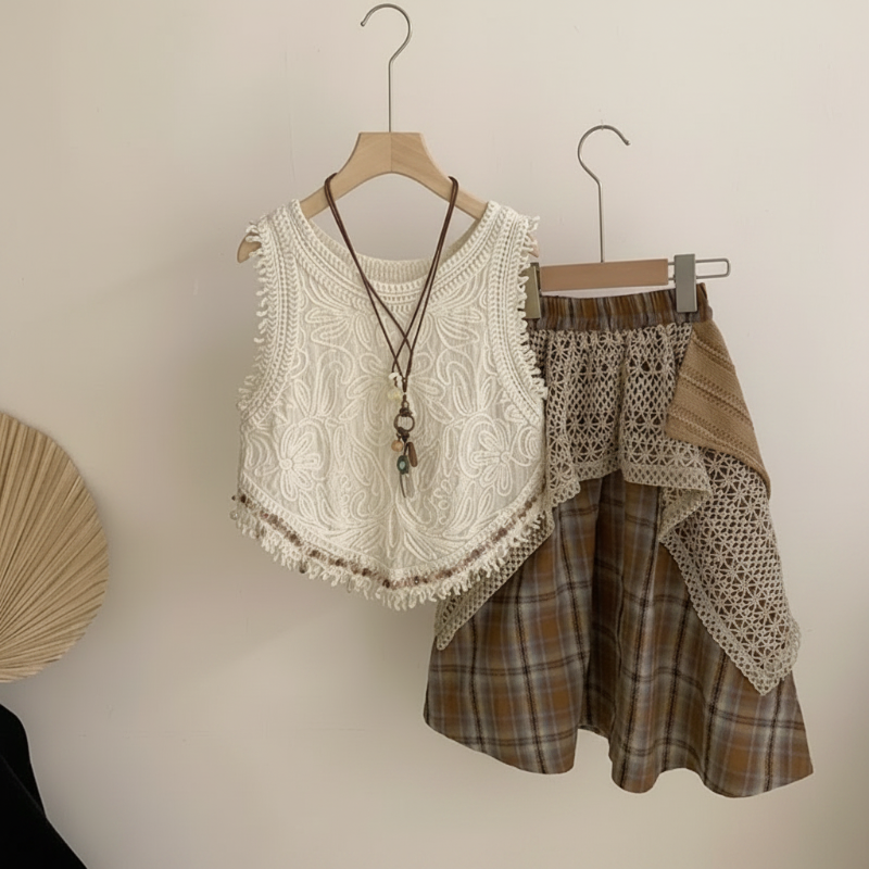 Cream crochet top and brown plaid skirt with layered crochet panels displayed on hangers