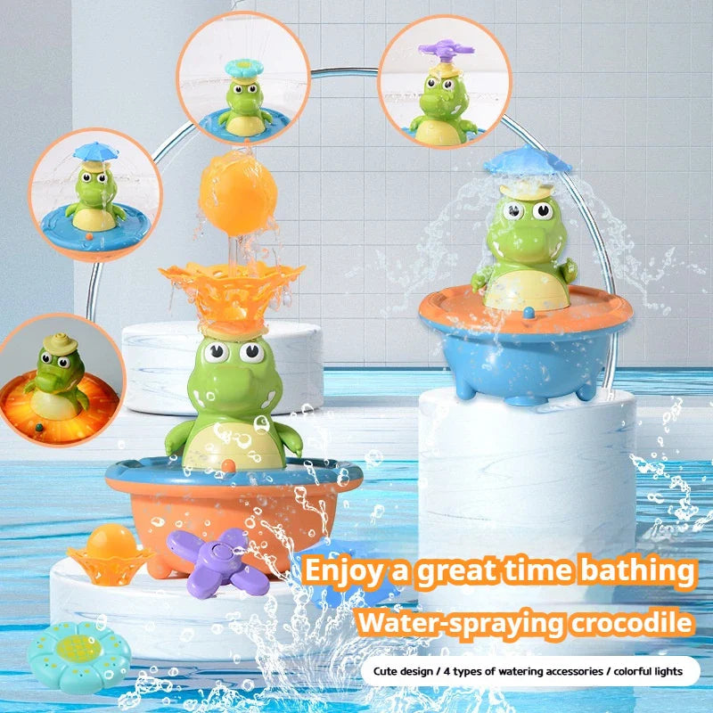 Crocodile bath fountains with interchangeable heads showing several water spray patterns