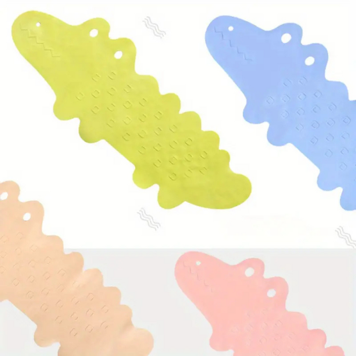 Close-up views of green, blue, peach, and pink crocodile bath mats