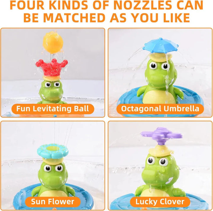 Four crocodile fountain spray options: ball-lifting, umbrella, flower, and clover