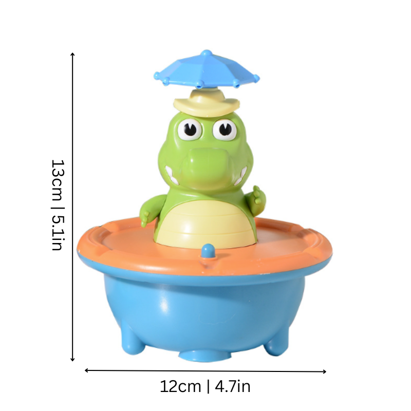 Crocodile bath toy size diagram showing a height of 13 cm and width of 12 cm