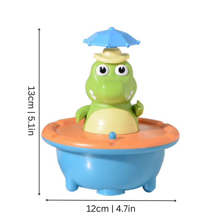 Crocodile bath toy size diagram showing a height of 13 cm and width of 12 cm