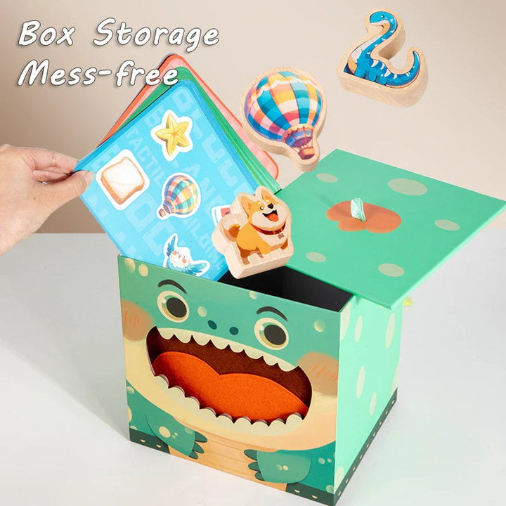 Matching cards and wooden shapes being placed inside the crocodile storage box