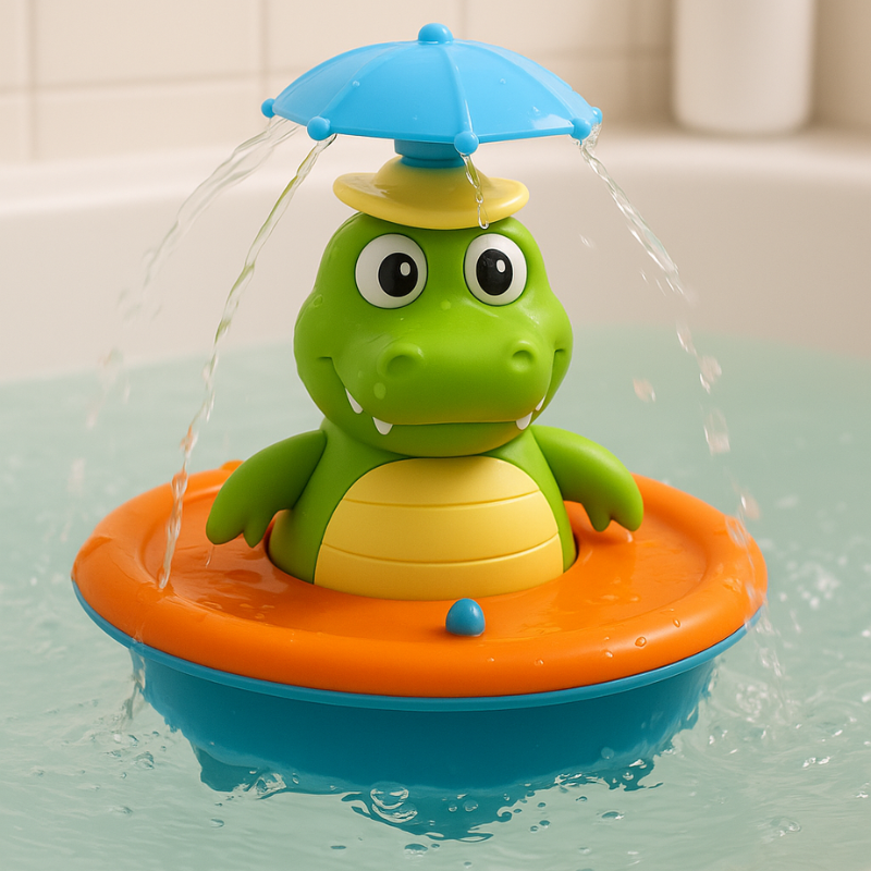 Crocodile fountain toy with an orange rim and blue base floating in bathwater