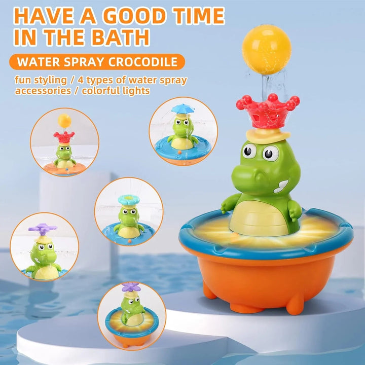 Crocodile fountain with a yellow ball above its spray and inset views of different spray heads