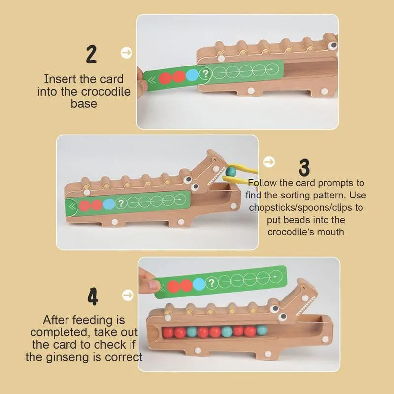 Three steps showing card placement, feeding beads into the crocodile, and checking the color pattern
